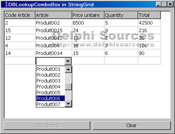 Исходник программы, показывающей пример внедрения компонента DBLookupComboBox в компонент StringGrid