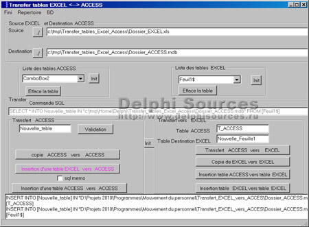 Исходник программы, показывающей пример передачи данных и копирования таблиц между программами Excel и MS Access с помощью SQL и ADO компонентов