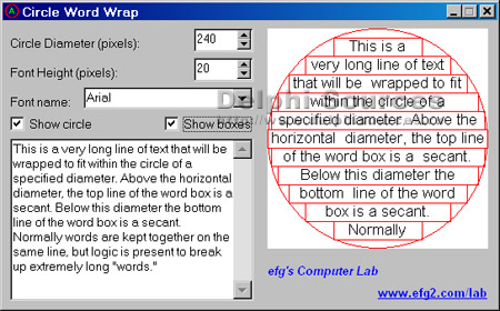 Исходник программы, показывающей пример вставки текста внутрь окружности