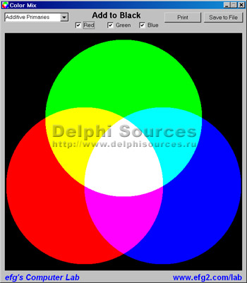 Исходник программы, показывающей пример отображения результатов смешивания цветов
