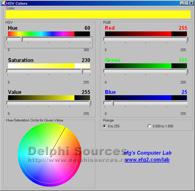 Исходник программы, показывающей пример отображения различных цветов путем указания их составляющих