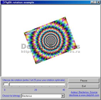 Исходник программы, показывающей пример поворота изображения вокруг своей оси с помощью функции PlgBlt