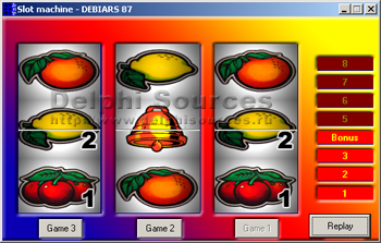 Исходник программы, показывающей пример создания симулятора игрового автомата (Slot) в простонародье называемого Однорукий бандит