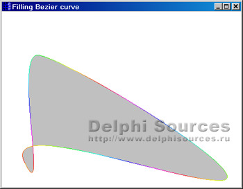 Исходник программы, показывающей пример заполнения внутреннего пространства кривых Безье произвольным цветом