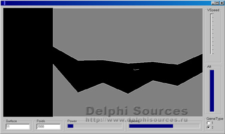 Исходник программы, показывающей пример создания 2D игры, в которой нужно управлять самолетиком облетая при этом различные препятствия и туннели