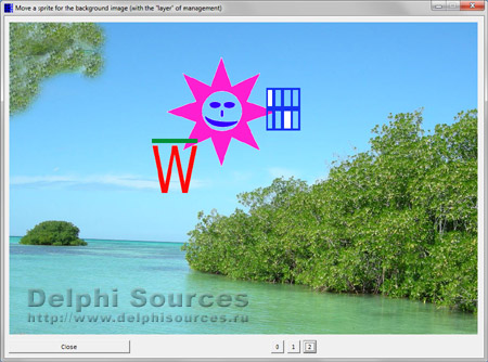 Исходник программы, показывающей пример перемещения спрайтовых изображений на картинке, работа со слоями