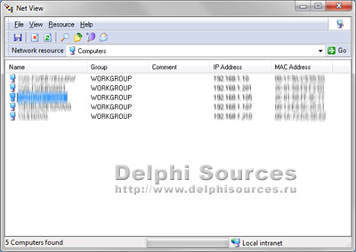 Исходник программы, показывающей пример отображения компьютеров локальной сети, доступных сетевых дисков и принтеров