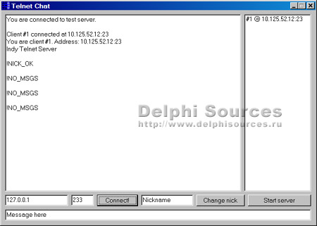 Исходник программы, показывающей пример создания простейшего чата через протокол Telnet с использованием компонентов Indy