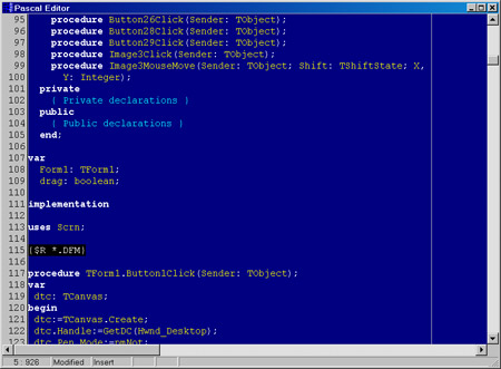 Исходник программы, предназначенной для редактирования исходных кодов программ написанных на Паскале с подсветкой синтаксиса