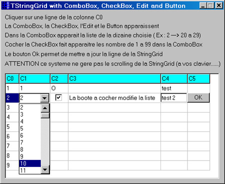 Исходник программы, показывающей пример отображения ComboBox, CheckBox, Edit и Button в StringGrid