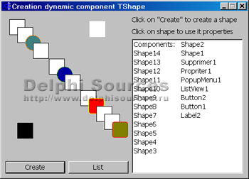 Исходник программы, показывающей пример динамического создания и уничтожения множества объектов TShape