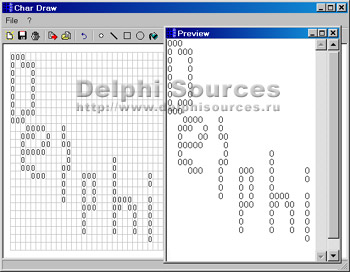 Исходник программы, показывающей пример создания программы аналогичной стандартному Paint оперирующей символами