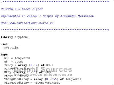 Исходник программы, показывающей пример портирования алгоритма CRYPTON 1.0 на Delphi