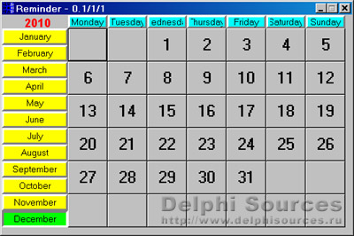 Исходник программы, показывающей пример создания программы-напоминателя различных событий в виде календаря