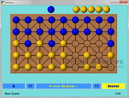 Исходник программы, показывающей пример создания игры Фанорона, которая относится к категории игр шашечного типа