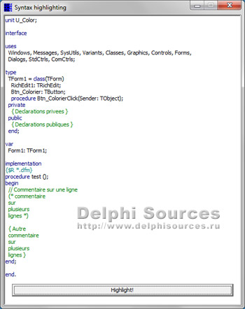 Исходник программы, показывающей пример создания модуля для подсветки синтаксиса языка Delphi