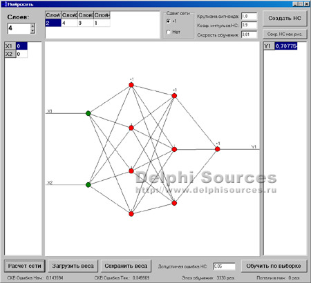 Исходник программы, показывающей пример создания нейросети на Delphi7. Многослойный перцептрон произвольной структуры