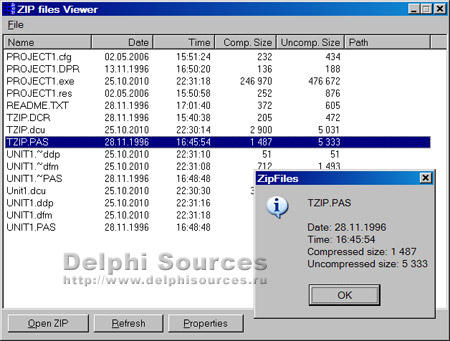 Исходник программы, показывающей пример создания компонента для просмотра содержимого ZIP файлов