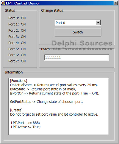 Исходник программы, показывающей пример создания компонента для работы с LPT портом в Windows 2000/XP/Vista/7/8